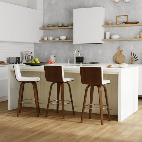 Simpli Home Roland Mid Century Modern 28 inch Swivel Bar Stool in White Vegan Faux Leather