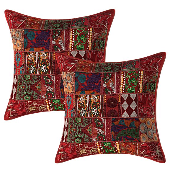 Stylo Culture Ethnic Vintage Patchwork Floral Chair Seat Throw Pillow Covers 24x24 Large Maroon Bohemian 60x60 cm Home Decor Cotton Abstract Square Cushion Covers | Set Of 2