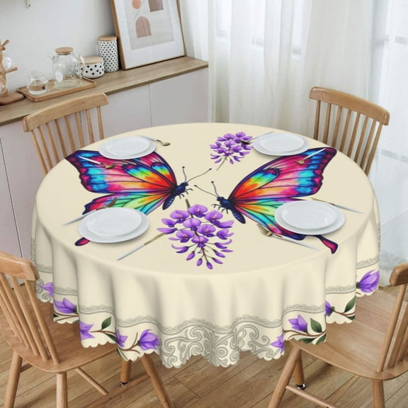 Rainbow Butterflies And Purple Round Tablecloth Waterproof Table Cloth Stain and Wrinkle Resistant Washable, Decorative Fabric Table Cover for Dining, Party and Camping