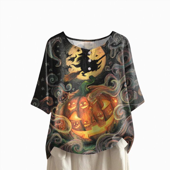 Godom Halloween T Shirts for Women Oversized Shirt Ghost Graphic Button Casual Short Sleeve Tees