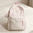 thumbnail image 3 of Women Cute Plaid Lace Trim Backpack, Plaid Fabric Bookbag, 16.53In X 12.20In X 4.72In With Puppy Motif For Work & Weekend Outings (Pink), 3 of 5