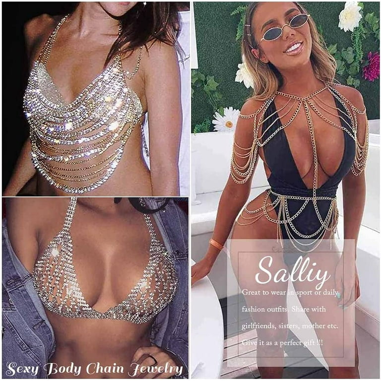 Salliy Boho Body Chain Bra Silver Sexy Rhinestone Bikini Bra Body Halter  Backless Sequins Chain Bra Beach Body Accessories Jewelry for Women and  Girls (M) 