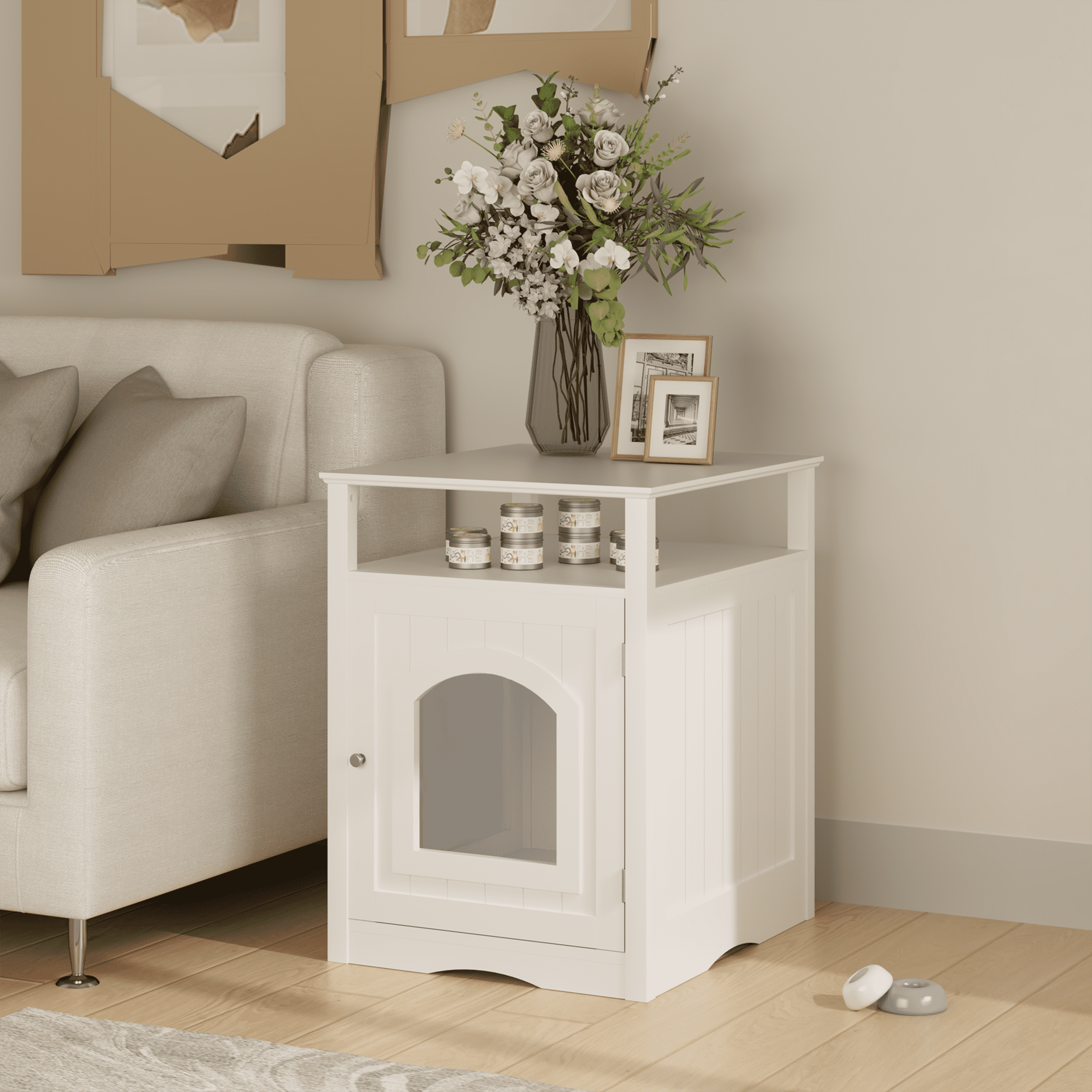 Garmic Modern Cat Condo Side Table with Open Top Shelf & Side Hook, Indoor Wooden Cat House with Enclosed Cabinet,  for Cat Litter Box Enclosure Living Room & Bedroom, White