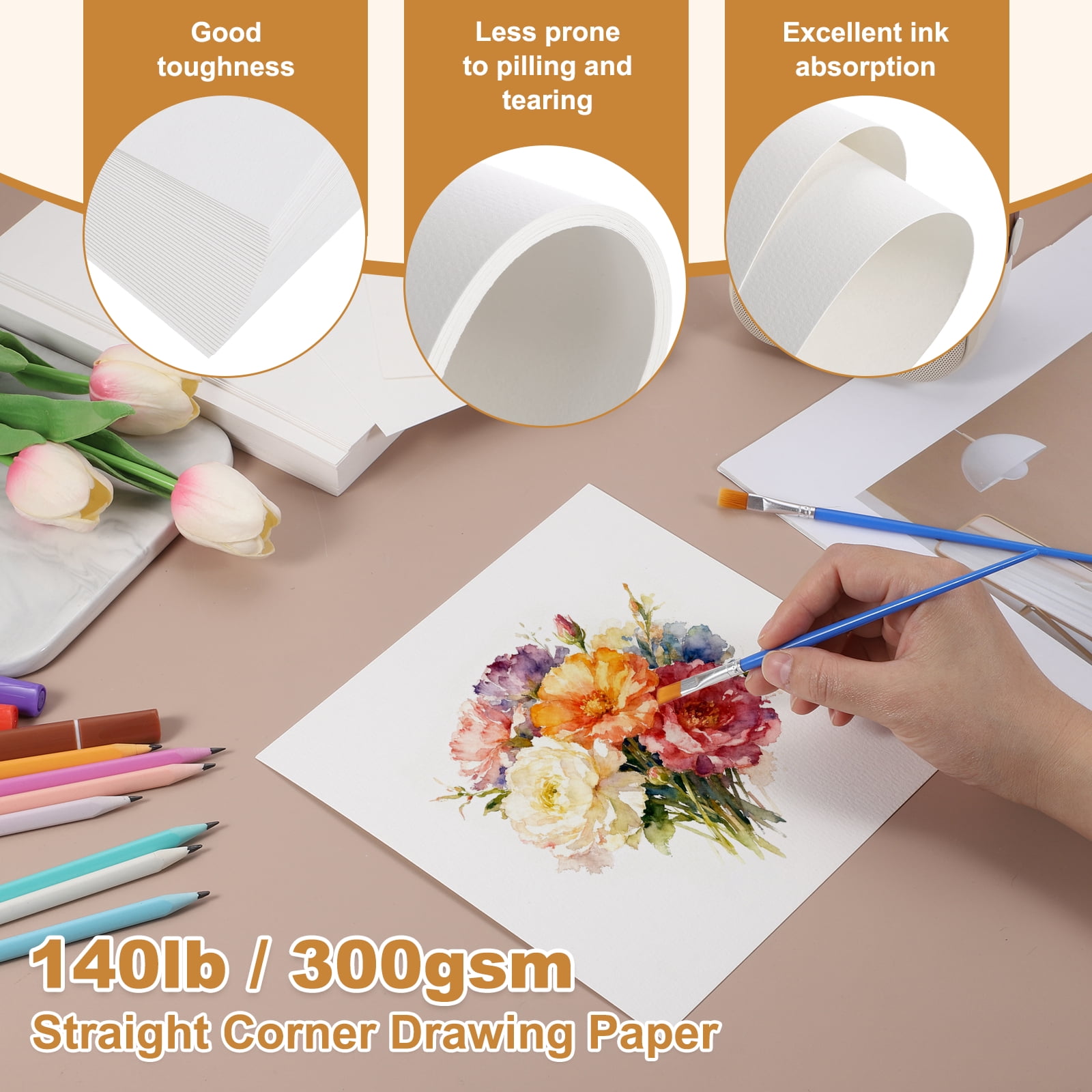 Uxcell 52 Pcs Watercolor Paper 6 x 6 Inch 140lb/300gsm Artist Painting Drawing Paper Bulk Cold Press Water Color Paint Sheet for Sketchbook Journal (Straight Corner), White