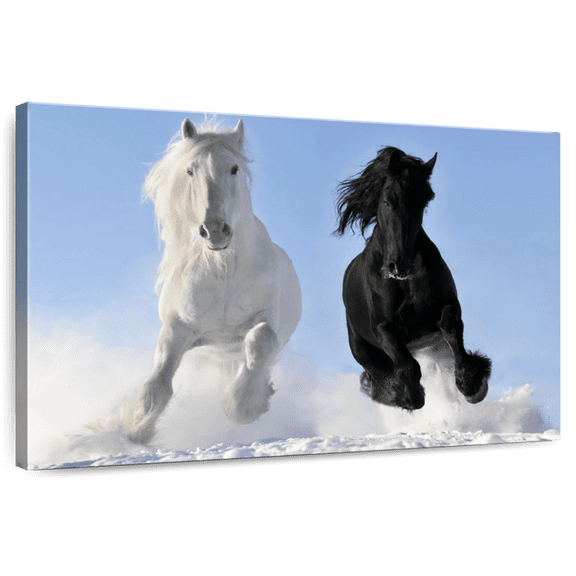 Elephant Stock Winter Friesian Horses Wall Art - Horizontal Canvas Wall Art - Living Room Wall Decor - Animal Canvas - Black And White Decor - 12" x 8"