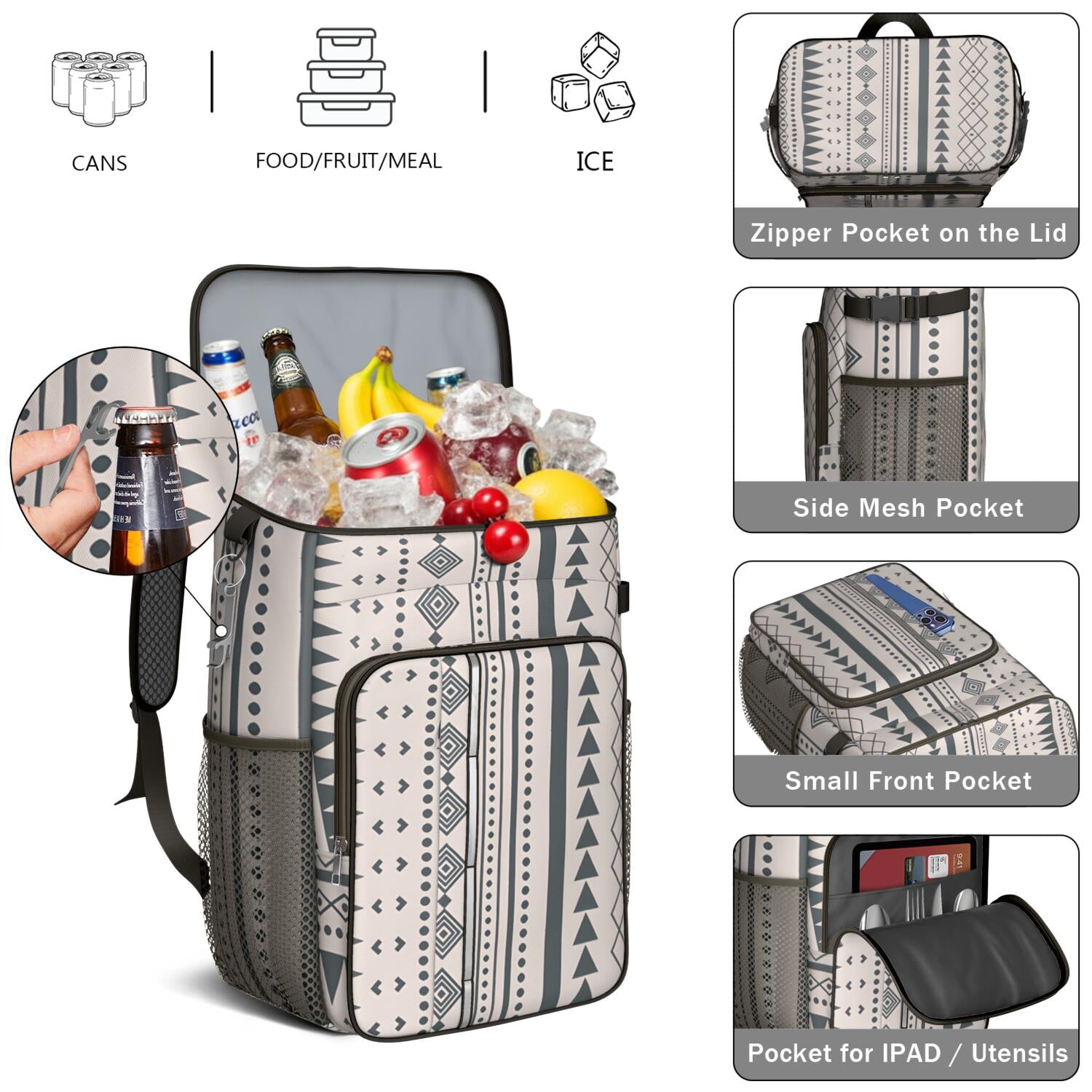 Vintage Fashion Tribal Patterns Cooler Backpack - 20L Insulated Leakproof Bag, Rustic Home Decor
