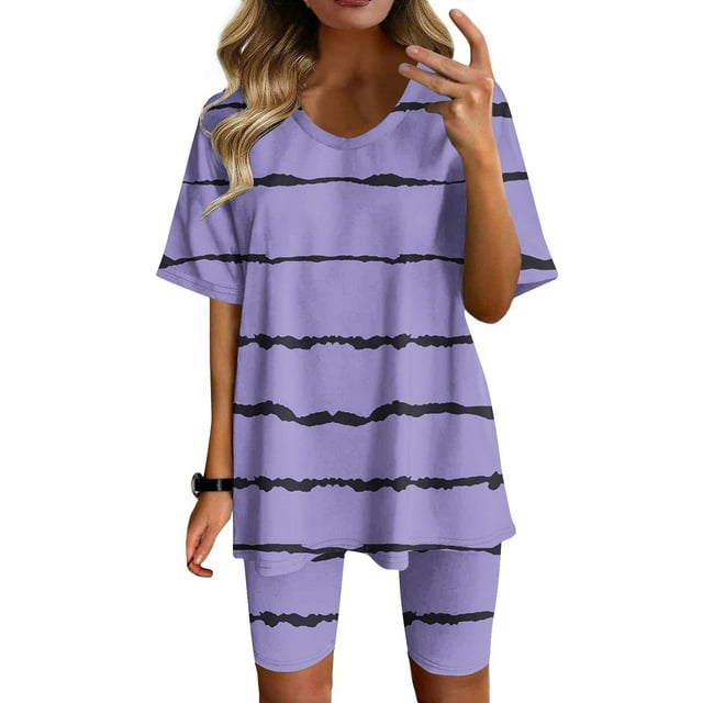 Ensembles d'Entraînement pour Femmes 2 Pcs Mode Blouse Col Rond Manches Courtes Hauts Shorts Ensemble Décontracté Ensembles Femmes en Solde