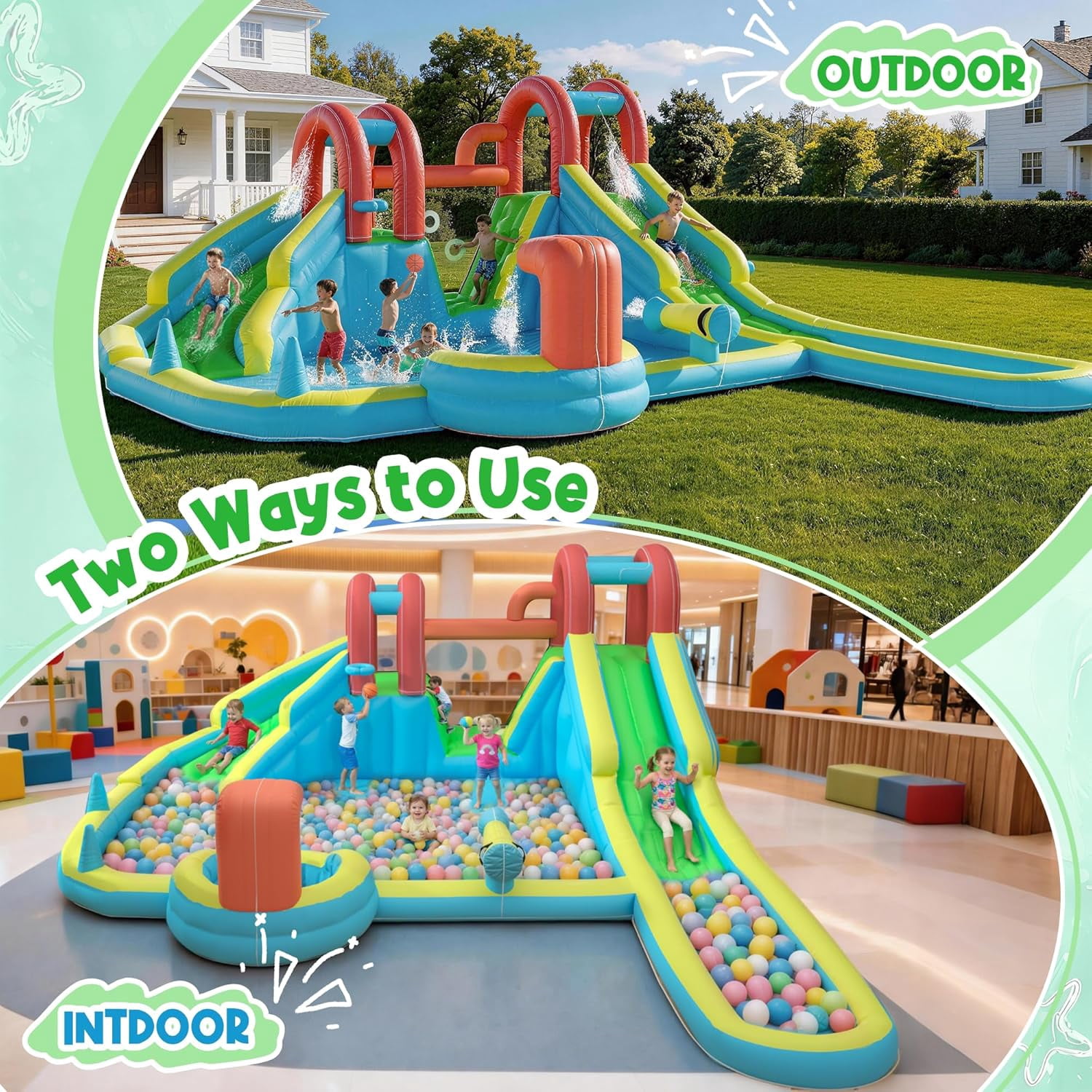 Inflatable Water Slide,10 in 1 Double Water Slide Bounce House for Kids 3-12 with Blower, Splash Pool, Water Cannon, Climbing Wall, Basketball Hoop for Kids Indoor Outdoor Backyard