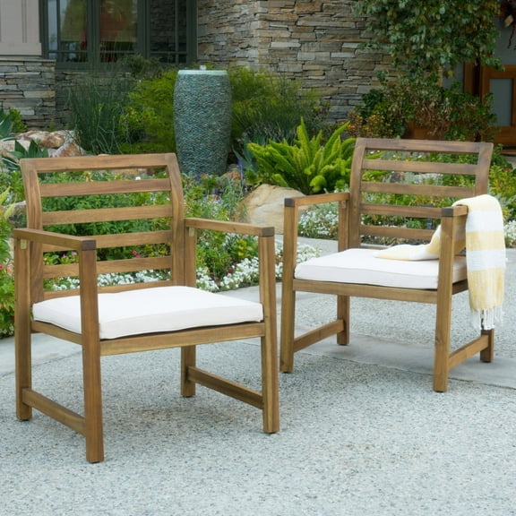 GDF Studio Abraham Outdoor Acacia Wood Club Chairs with Cushion, Set of 2, Natural and Cream