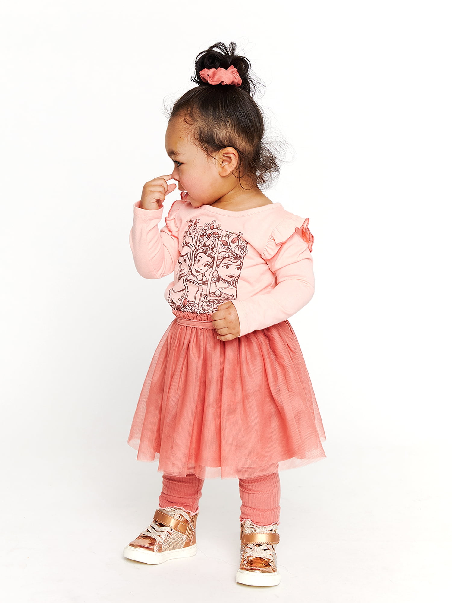 Disney Princesses Baby and Toddler Girls Long Sleeve Top, Skirt, Leggings and Scrunchie Set, 4-Piece, Sizes 12M-5T