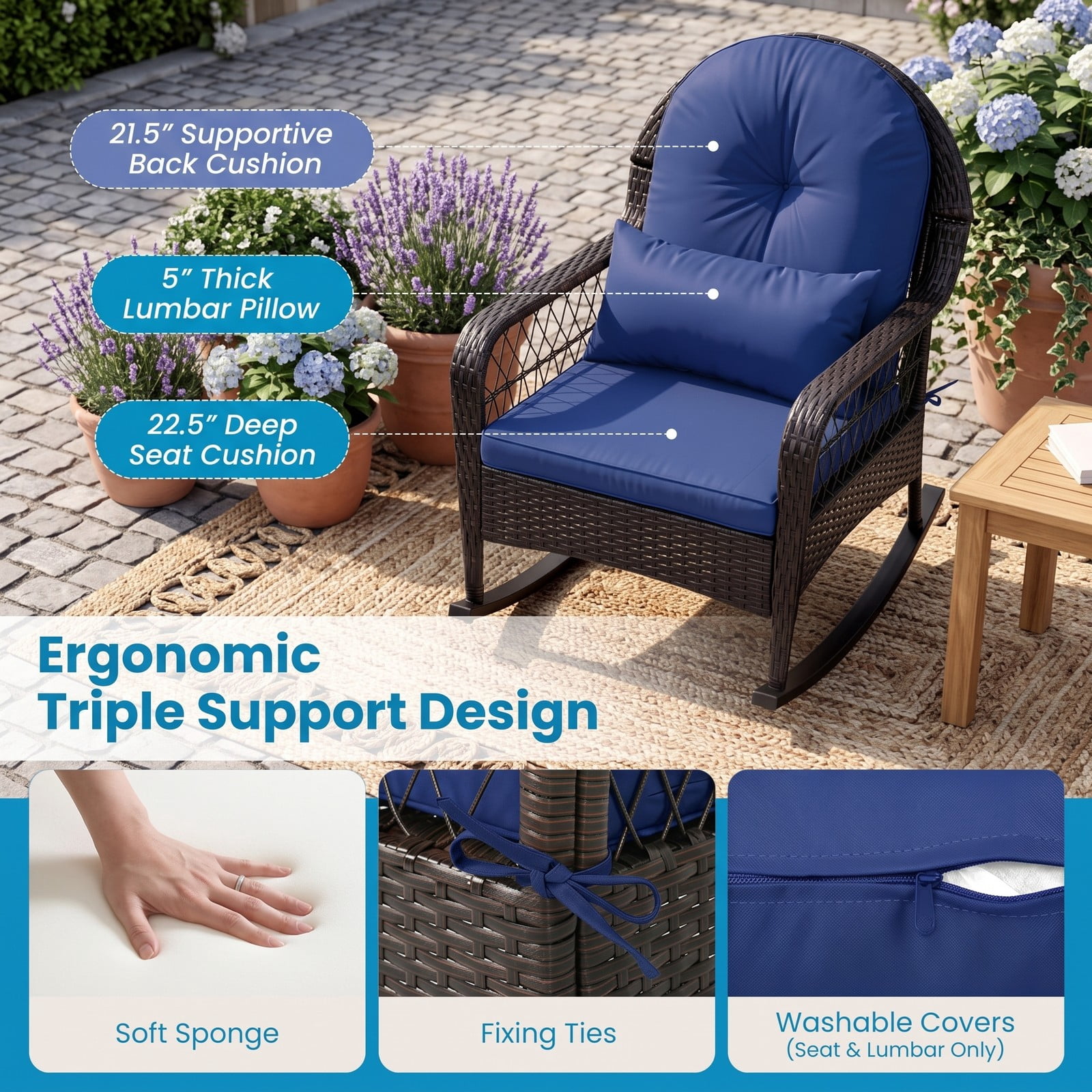 Furnibear Patio Rattan Rocking Chair with Soft Seat, Back Cushions and Waist Pillow for Front Porch, Backyard and Poolside, Navy