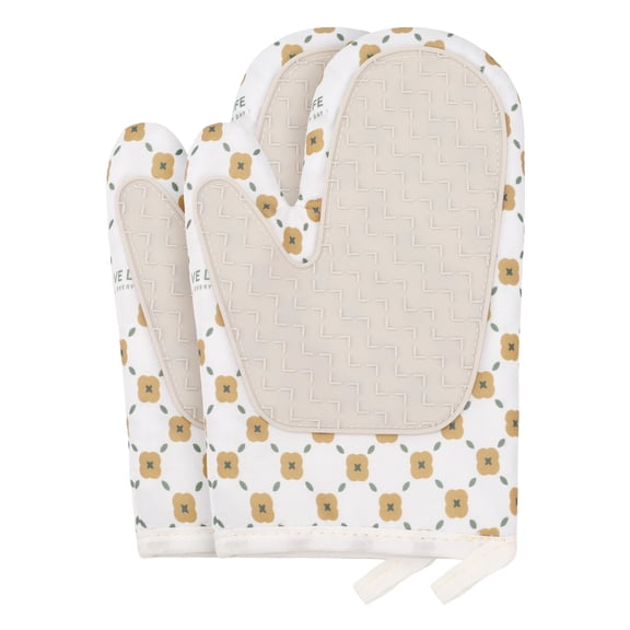 Soft Floral Oven Mitts, Heat-Resistant Cooking Gloves, Thick Cotton Lining, Gripping for Baking, Kitchen Mitts Set of 2 Beige 10.4x7.1inch