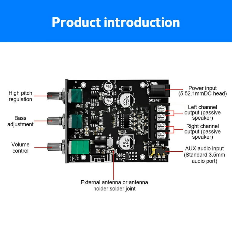 ZK-502MT Bluetooth 5.0 Amplifier Board 15~100W Speaker Adaptation
