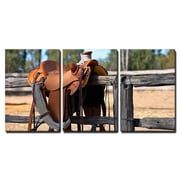 Wall26 3 Piece Canvas Wall Art - a Western Style Saddle Siting upon a Country Fence Beside a Riding Arena. - Modern Home Decor Stretched and Framed Ready to Hang - 16"x24"x3 Panels