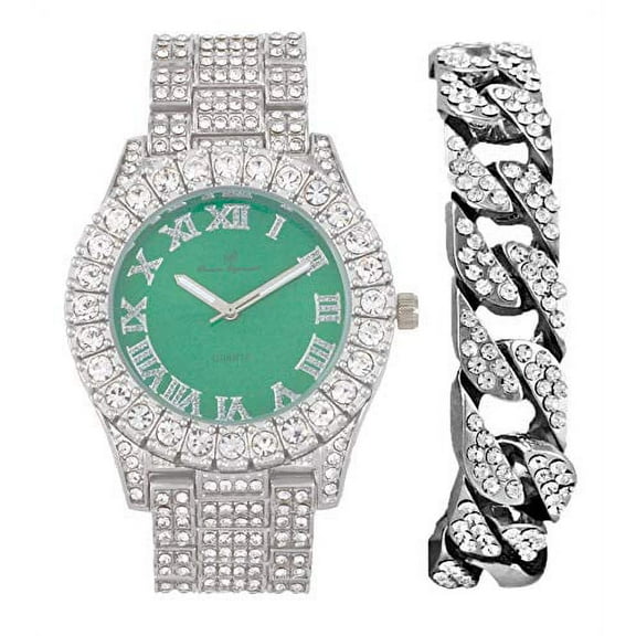 Mens Silver Big Rocks with Roman Numerals Fully Iced Out Colorful Dial Watch w/Bling'ed Out Cuban Shiny Silver Bracelet - ST10327 RN Cuban (Silver Bright Green)