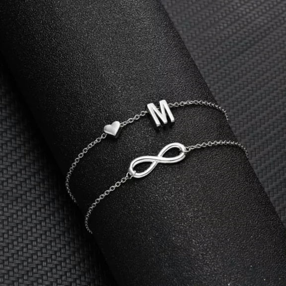 EOEMY 925 Silver 2 Layers A-Z Letter Initial Anklet Bracelet Charm Women Jewelry-M