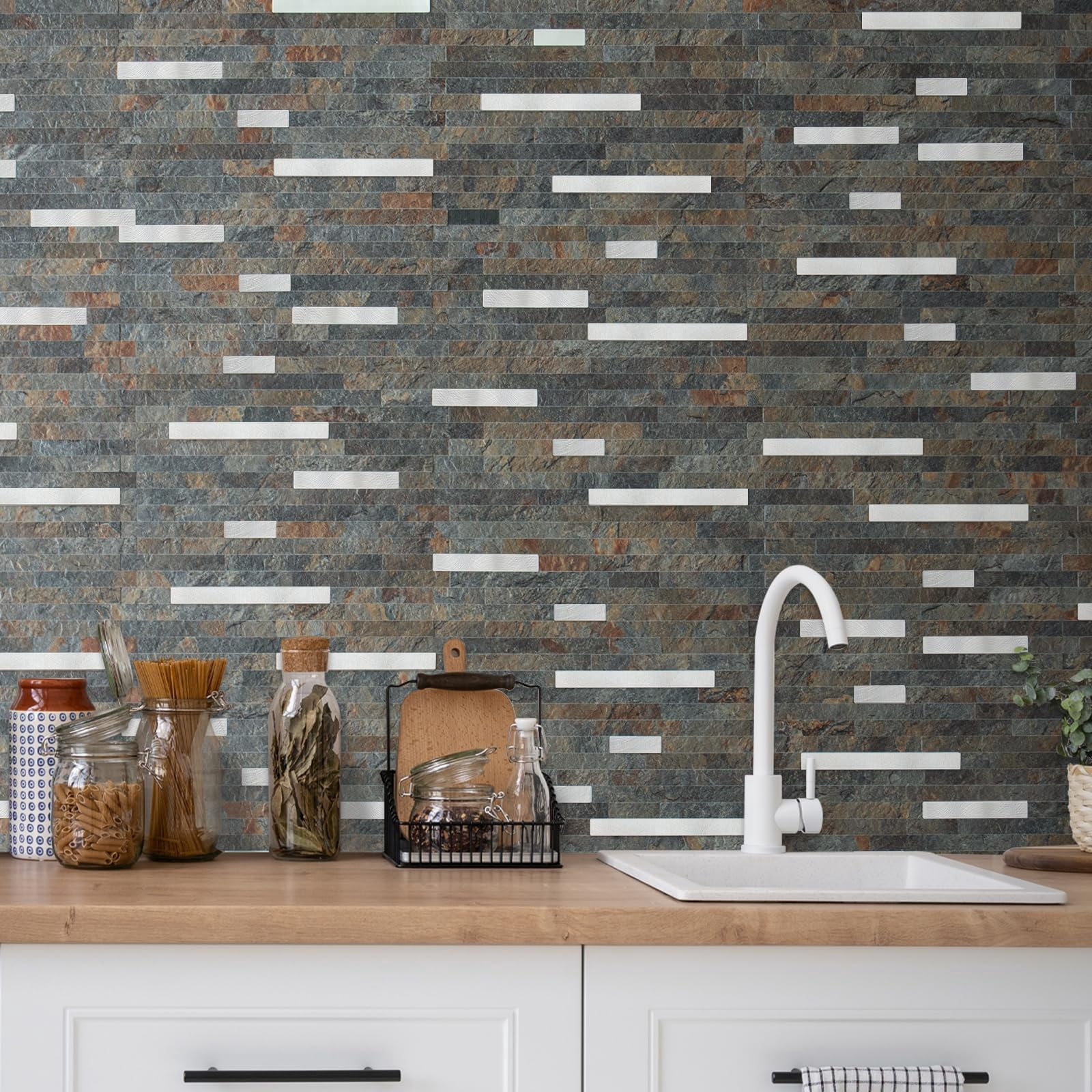 20 Sheets Rust Slate Peel And Stick Backsplash  Pvc Mixed Metal Wall Tile On For Kitchen Bathroom