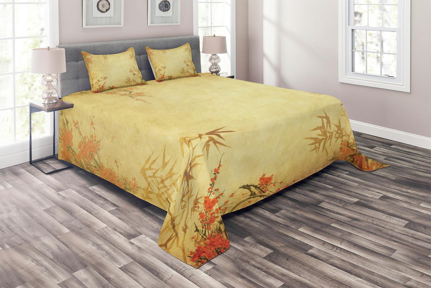 Bamboo Coverlet Set Queen Size, Bamboo Stems and Blooming Flower