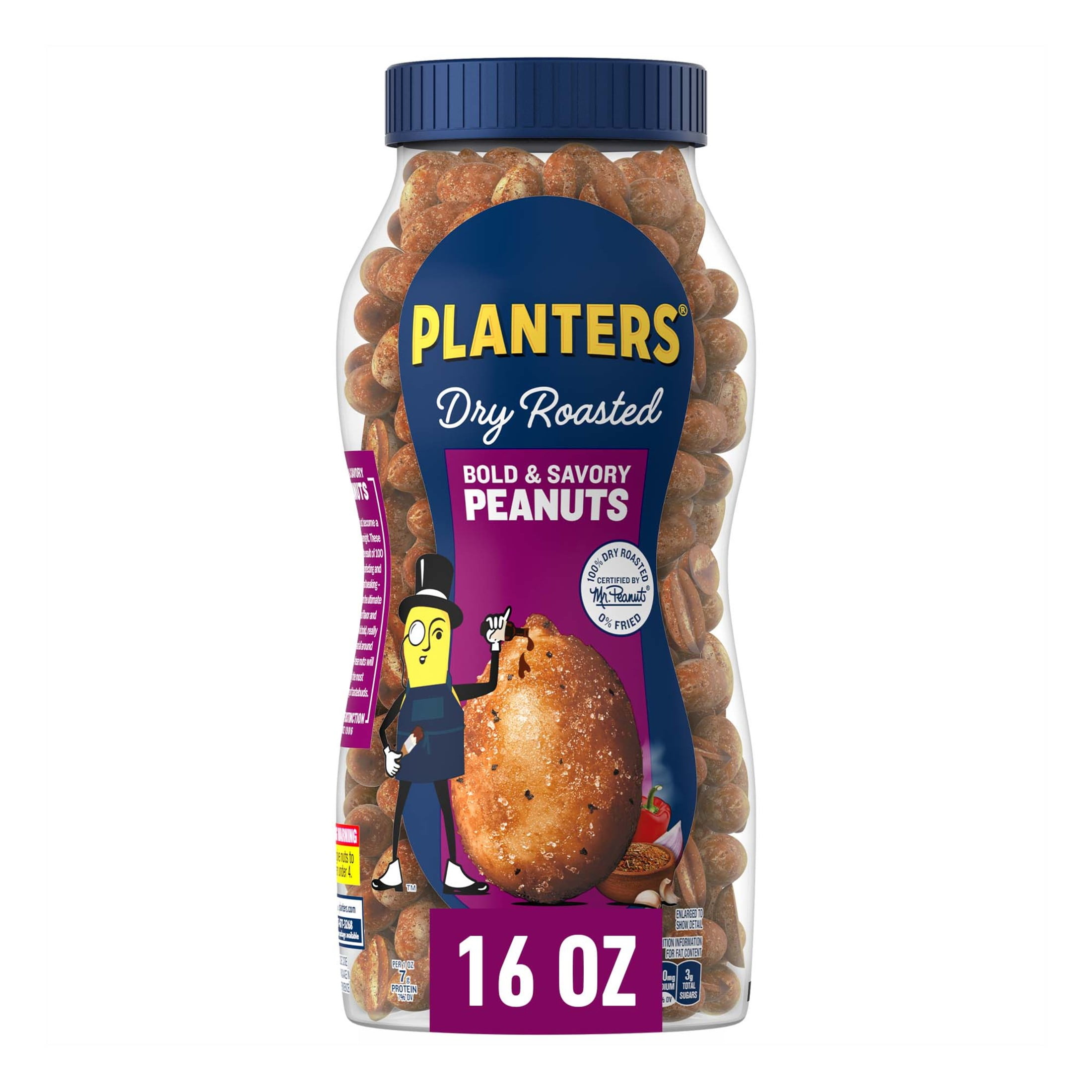 (3 pack) PLANTERS Dry Roasted Bold and Savory Peanuts, Party Snacks, Plant-Based Protein, 16 oz Jar