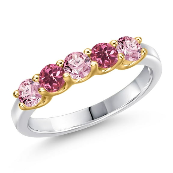 Gem Stone King 925 Silver and 10K Yellow Gold Pink Lab Grown Diamond and Pink Tourmaline Wedding-Bands Ring for Women | 0.84 Cttw | Round 3.5MM | Gemstone April Birthstone | Size 8