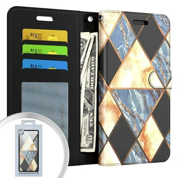 for iPhone 13 6.1 /14 6.1 Wallet Pouch 3 Marble Black
