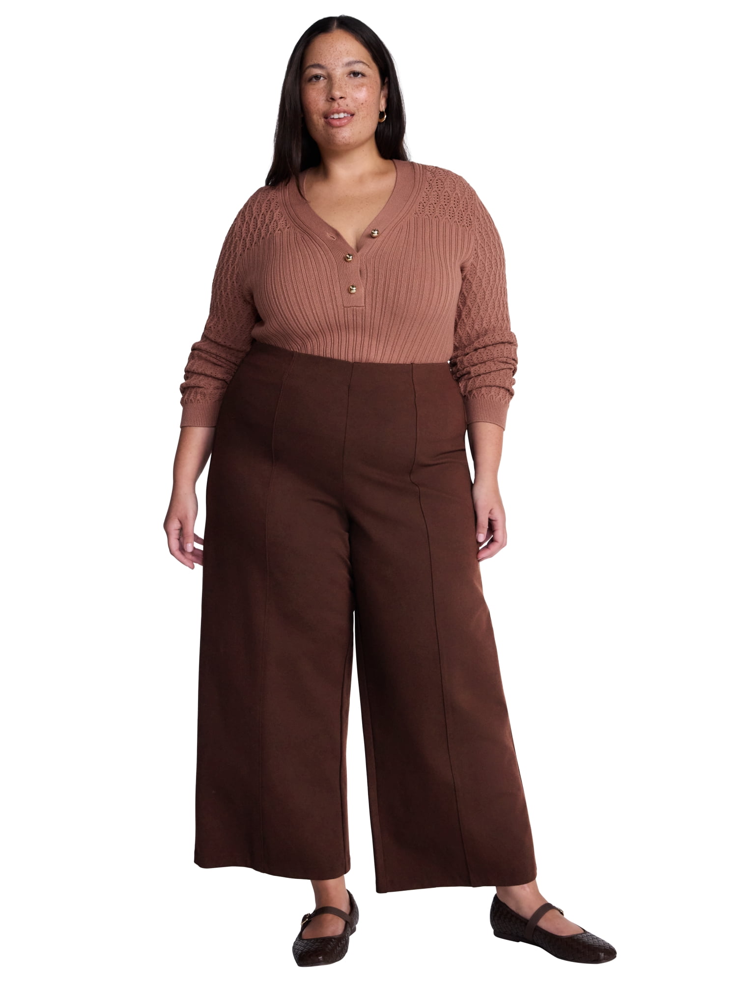 Terra & Sky Women's Plus Wide Leg Ankle Length Ponte Knit Pants, Sizes 0X - 5X