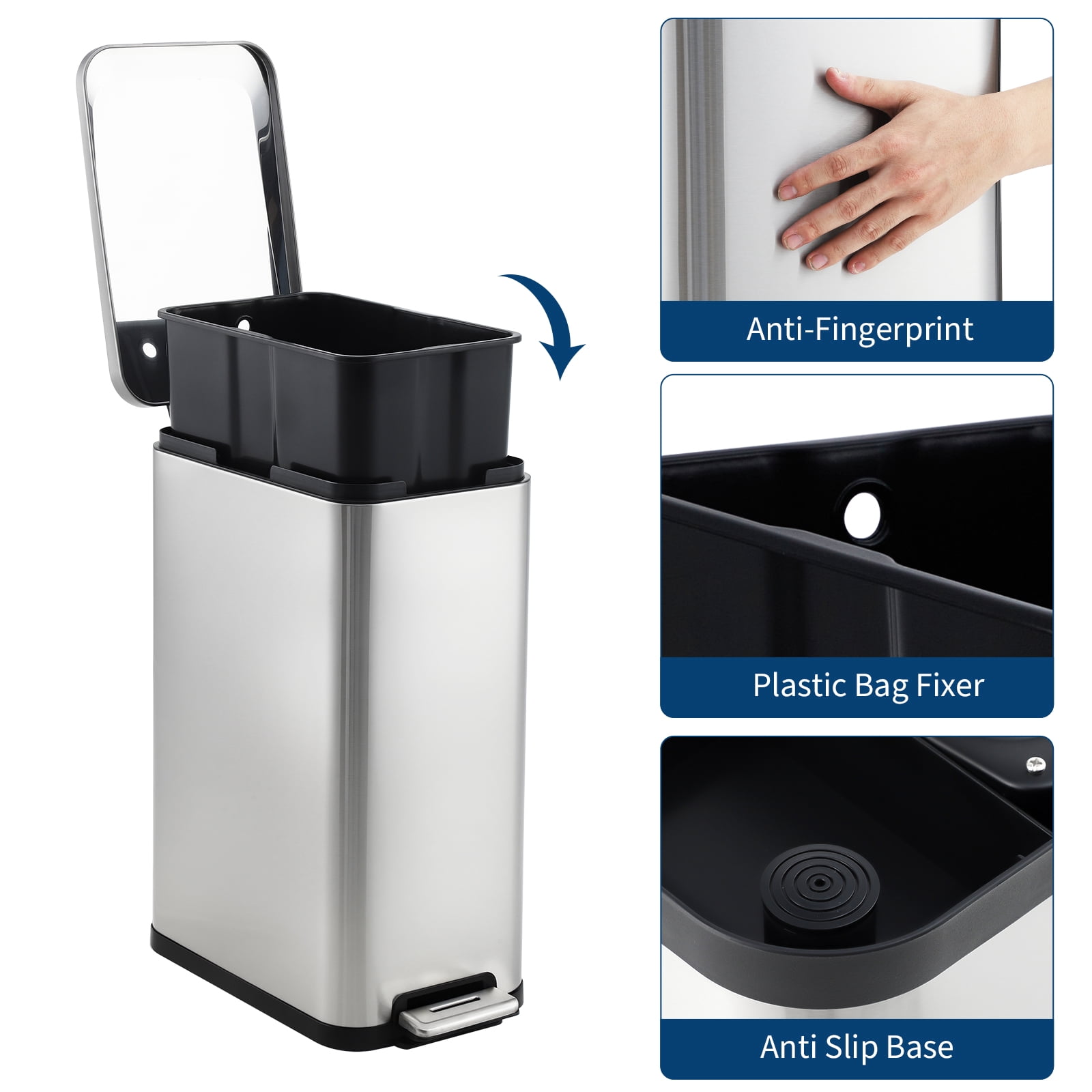 Ataucjin 13 Gallon Step Trash Can, Stainless Steel Kitchen Garbage Bin with Soft-Close Lid & Removable Inner Bucket, Fingerprint-Resistant Slim Rectangle Design for Narrow Spaces