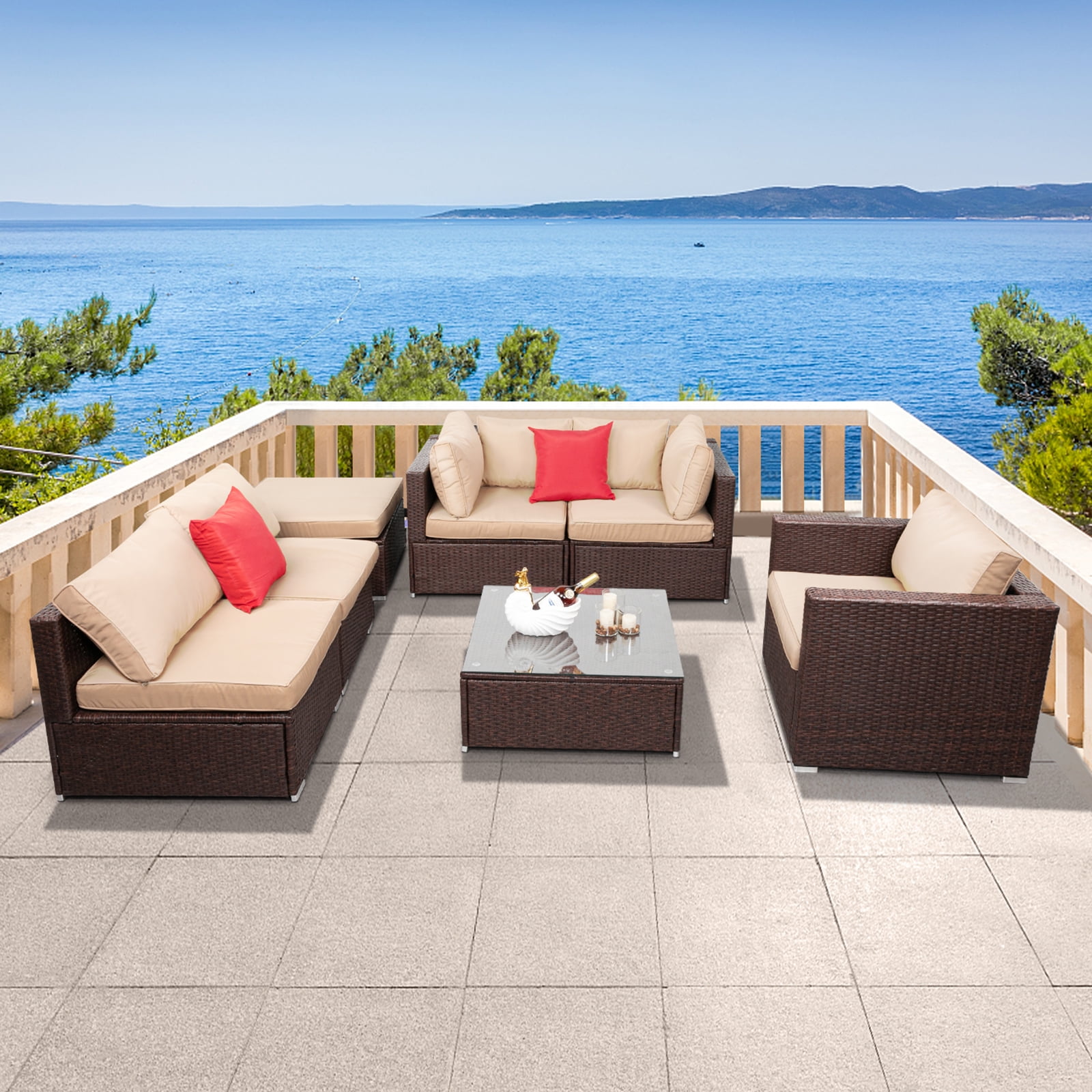 Ktaxon 7 Pieces Outdoor Sectional PE Rattan Sofa Set, Wicker Sectional Set, Patio Set for All Weather Cushion, Brown