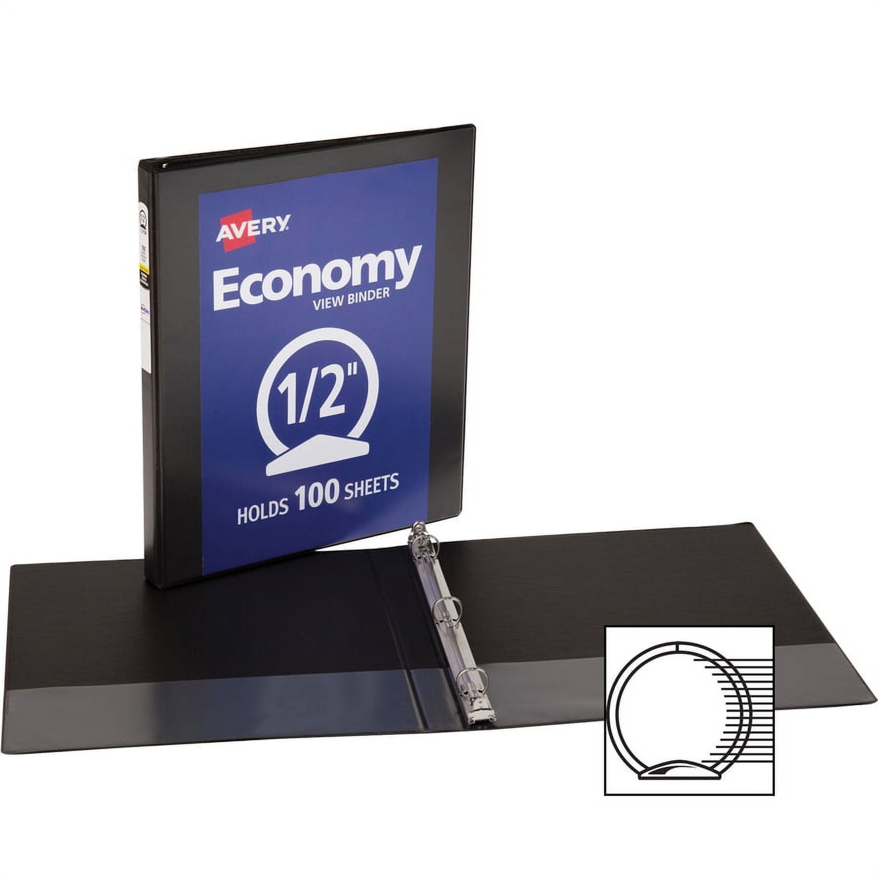 Avery® Economy View Binder - 1/2" Binder Capacity - Letter - 8 1/2" X 11" Sheet Size - 100 Sheet Capacity - Round Ring Fastener(s) - 2 Internal Pocket(s) - Vinyl, Chipboard - Black - Sturdy