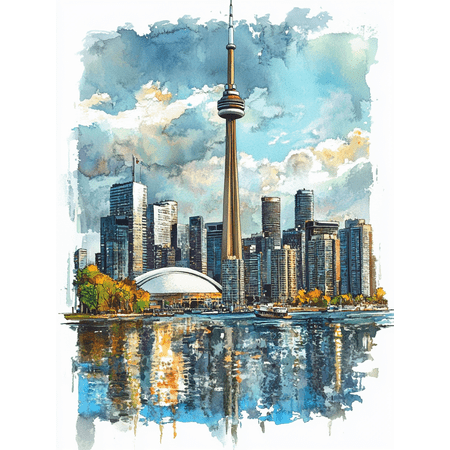 Toronto Cityscape Watercolor Painting/Canvas Art, Perfect for Living Room, Bedroom, Office, Hotel Lobby, and Modern Apartment Decoration.