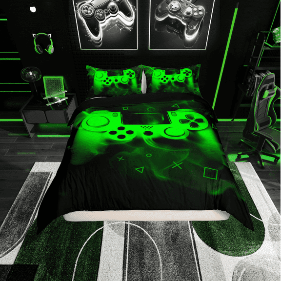 Erosebridal Youth Gaming Duvet Cover Twin, Video Game Green Gamepad Bedding Sets Twin Size, Gamer Bedroom Decor, Reversible 2 Pieces (No Comforter)