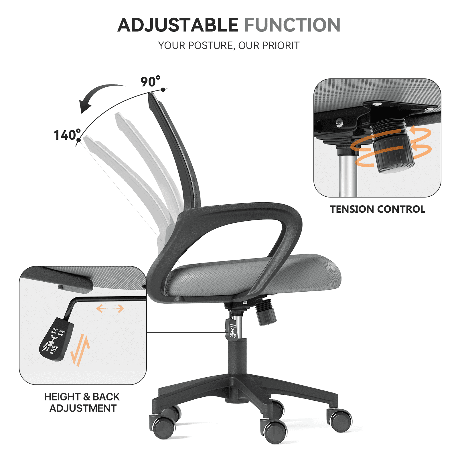 OSM 2-Pack Ergonomic Mesh Office Chairs, Mid-Back Desk Chair with Lumbar Support, Swivel Computer Task Chair for Home Office, Gaming & Study, 300 lbs Capacity, Light Grey