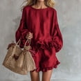 thumbnail image 2 of Floleo Women Two Piece Matching Outfit, Women Casual Coordinate Separates, Round Neck Puff Ruffle Long Sleeve Top Ruffle Hem Shorts, Solid Color Summer Beach Vacation Daily Outfit(Red,3XL), 2 of 5