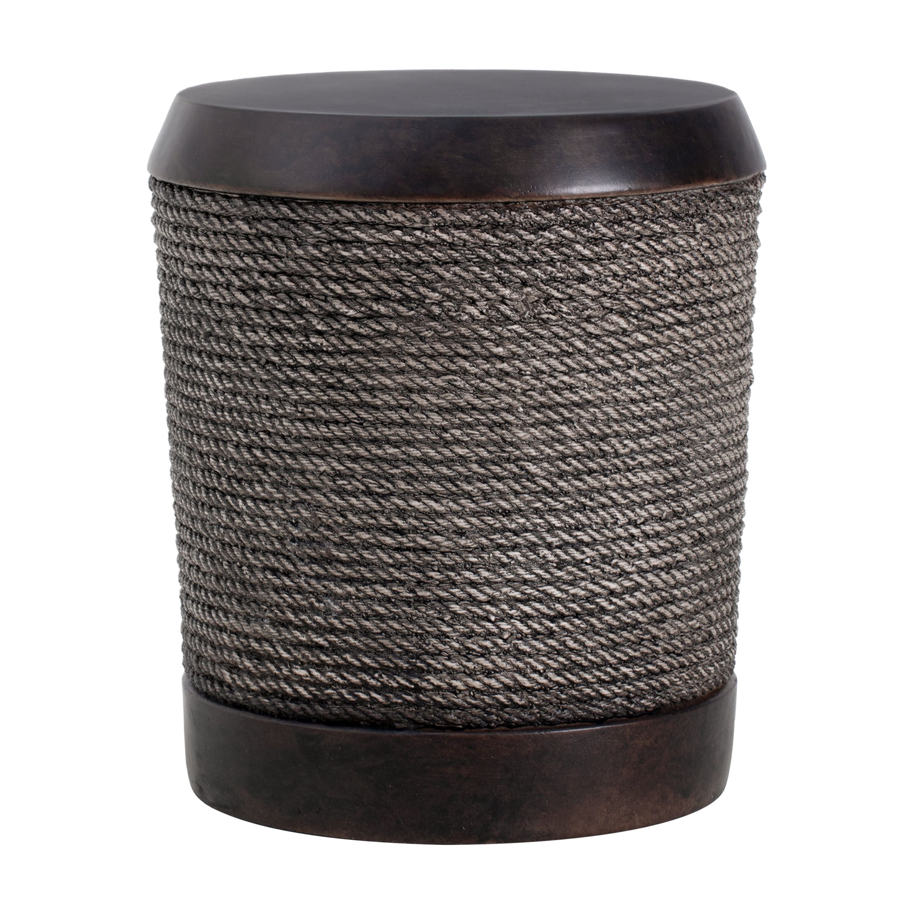 Outdoor Dark Brown Side Table with Simulated Braided Cord & Vintage Trim, Retro Cylindrical End Table for Indoor Home Patio Balcony Decor