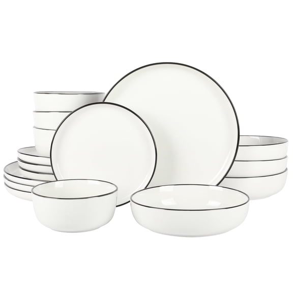 Gibson Home Oslo 16 Piece Round Stoneware Dinnerware Set, Service for 4, White w/ Black Rim
