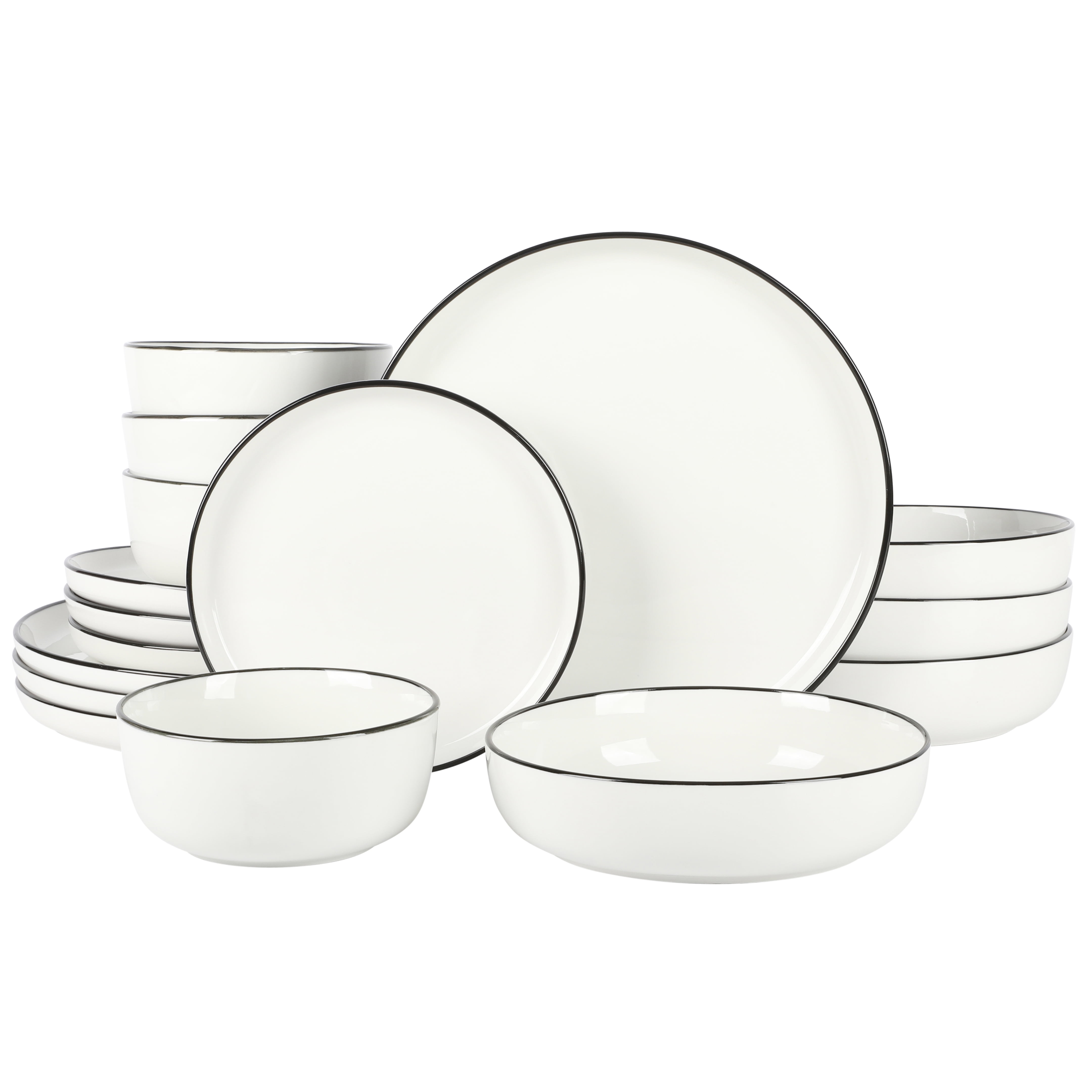 Gibson Home Oslo 16 Piece Round Stoneware Dinnerware Set, Service for 4, White w/ Black Rim