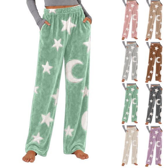 Fengactive Womens Fleece Pajama Pants Star Moon Print High Waist Wide Leg Lounge Pants with Pockets
