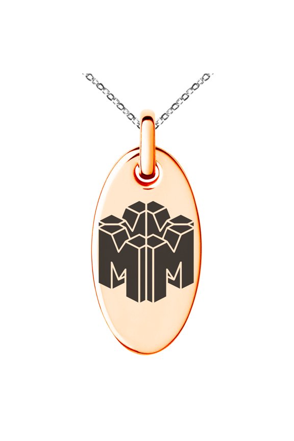 Stainless Steel Letter M Initial 3D Cube Box Monogram Engraved Small Oval Charm Pendant Necklace
