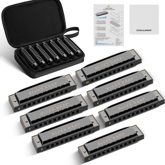 Set of 7 Diatonic Harmonica 10 Hole Harmonica Blues Harp for Beginners Black