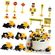 HYKE Construction Cake Topper Set, Featuring Vehicles Trucks, Excavators, and Tower Cranes, Plus Traffic and Road Sign Decorations for Boys' Birthday Parties-16pcs
