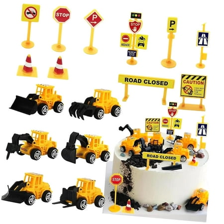 HYKE Construction Cake Topper Set, Featuring Vehicles Trucks, Excavators, and Tower Cranes, Plus Traffic and Road Sign Decorations for Boys' Birthday Parties-16pcs