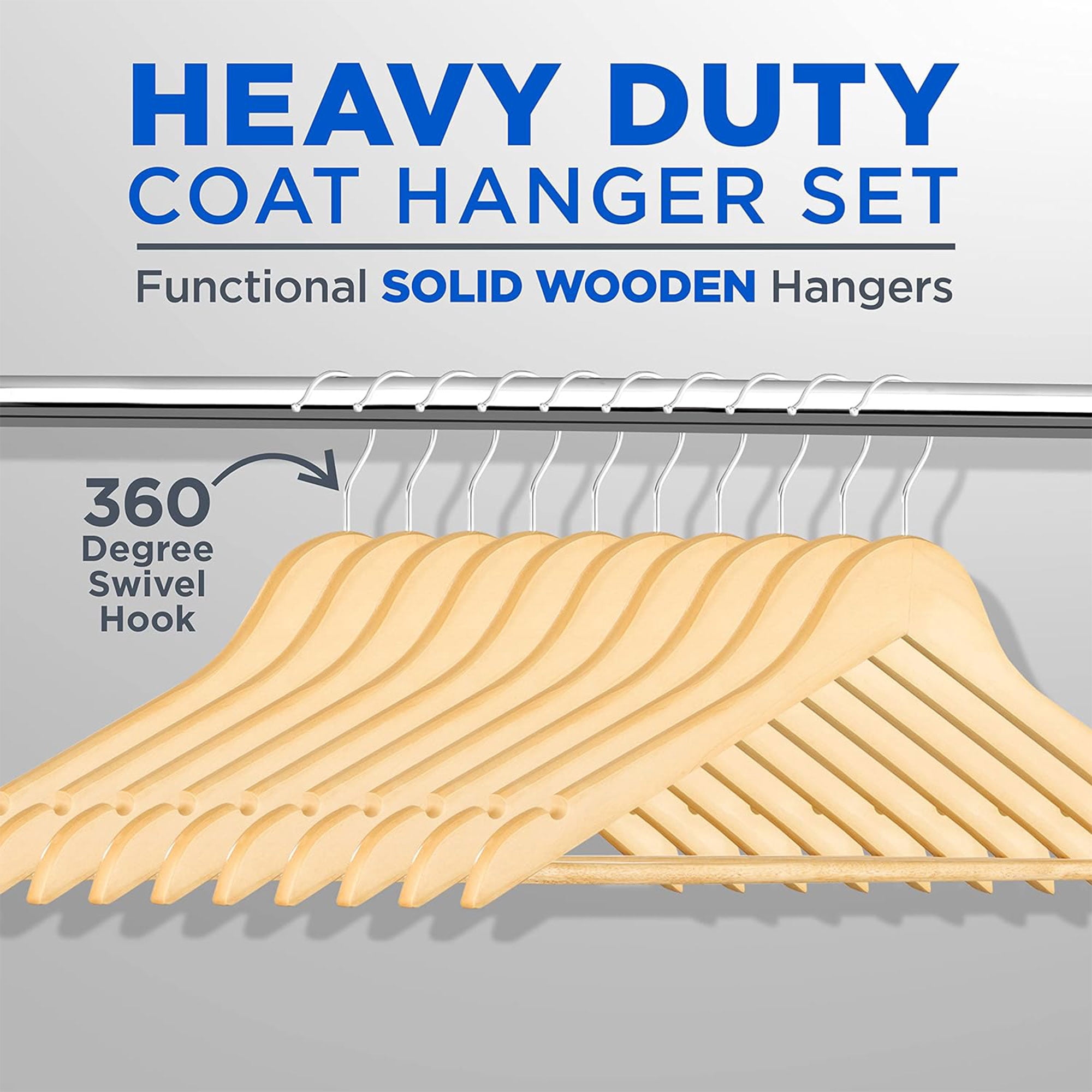 SereneLife Heavy Duty Solid Wooden Hanger Set of 60 with Swivel Hook Design