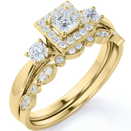 JeenMata 1.75 ct Princess Cut Moissanite - 3 Stone Art Deco - Halo Ring & Scalloped Band - Vintage Wedding Ring Set in 18K Yellow Gold over Silver