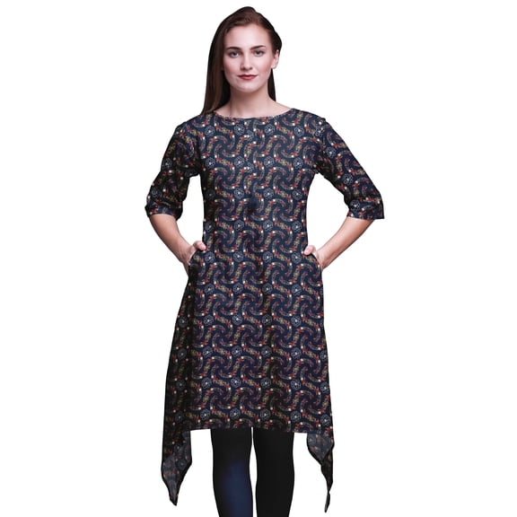 Bimba Blue Anemone & Roses Floral Asymmetric Kurta Indian Tunic Tops For Women Printed Indian Clothing Medium