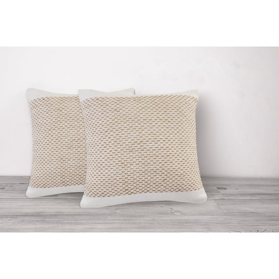Laddha Home Designs Hand Woven Geometric Striped Square Throw Pillow - 20" - Beige and White  - Set