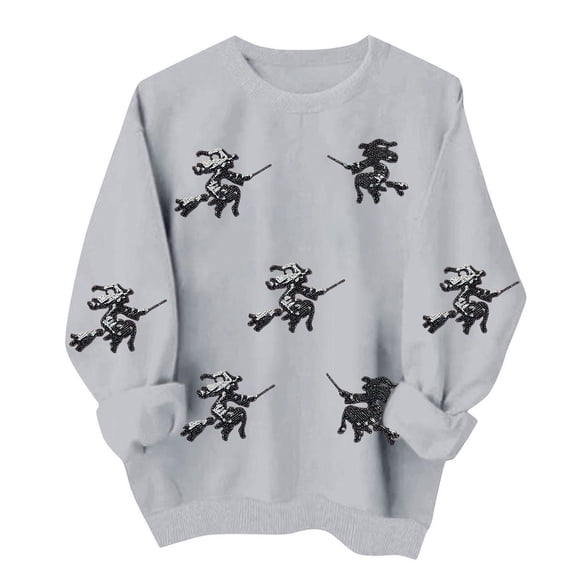Womens Halloween Tops Printed Crew Neck Long Sleeve Elastic Hem Fashion Loose Fall Pullover Top Gray XXL