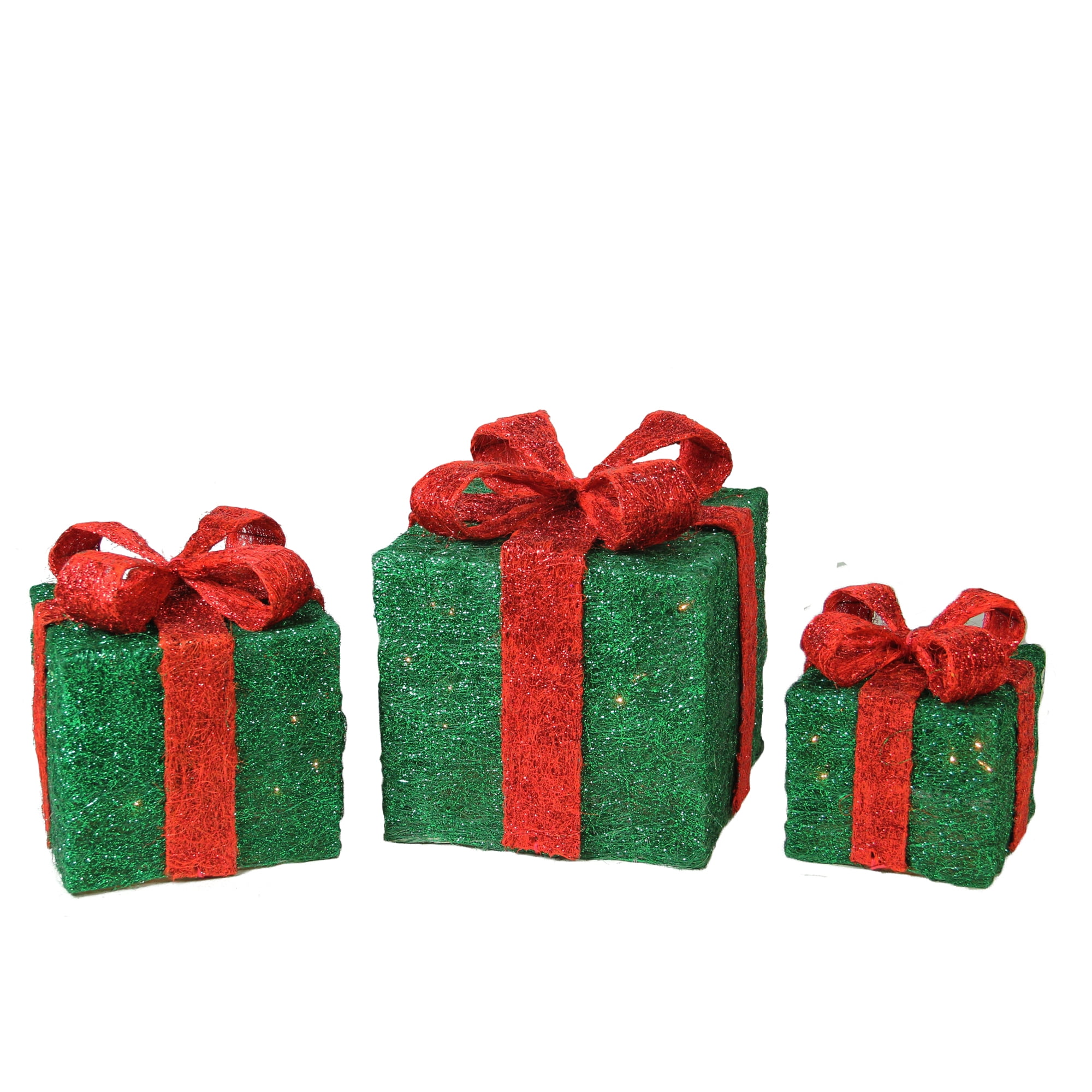 3 Piece Set Prelit Tinsel Presents Small Medium Large Lawn Yard Christmas Decor 