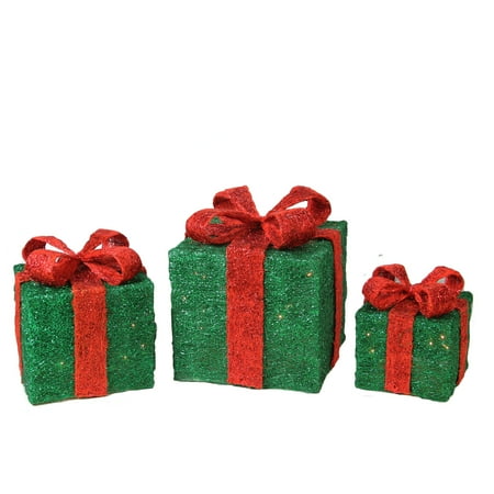 Set Of 3 Green Lighted Sisal Gift Boxes With Red Bows Outdoor