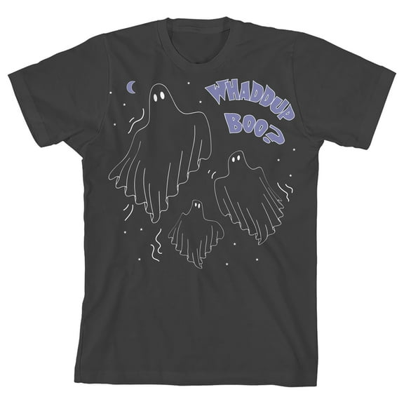 Kids Halloween Three Ghosts Waddup Boo Youth Charcoal Gray Short Sleeve Crew Neck Tee-Large