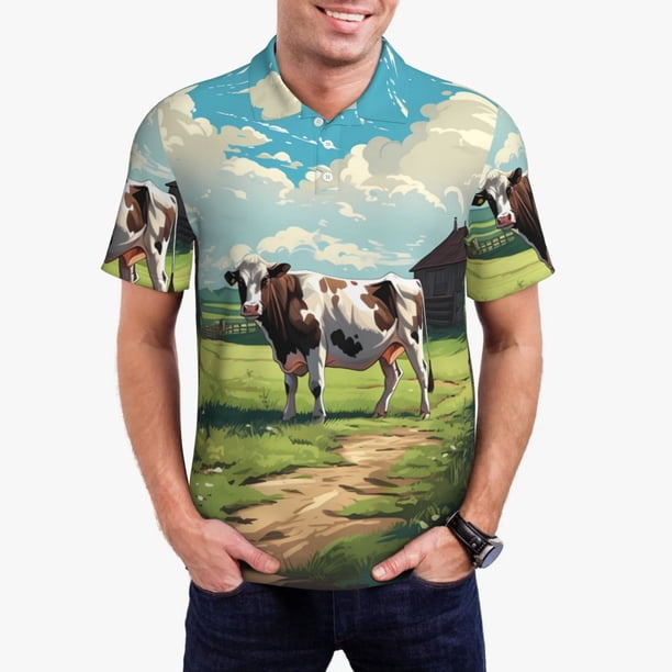 Balery Prairie Pasture Cow Camisa Polo de Hombre con Estampado, de Manga Corta y Tejido Medio, Camisa Tipo Golf Polo-Medium